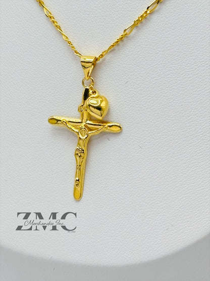 18K Gold Cross & Heart Necklace