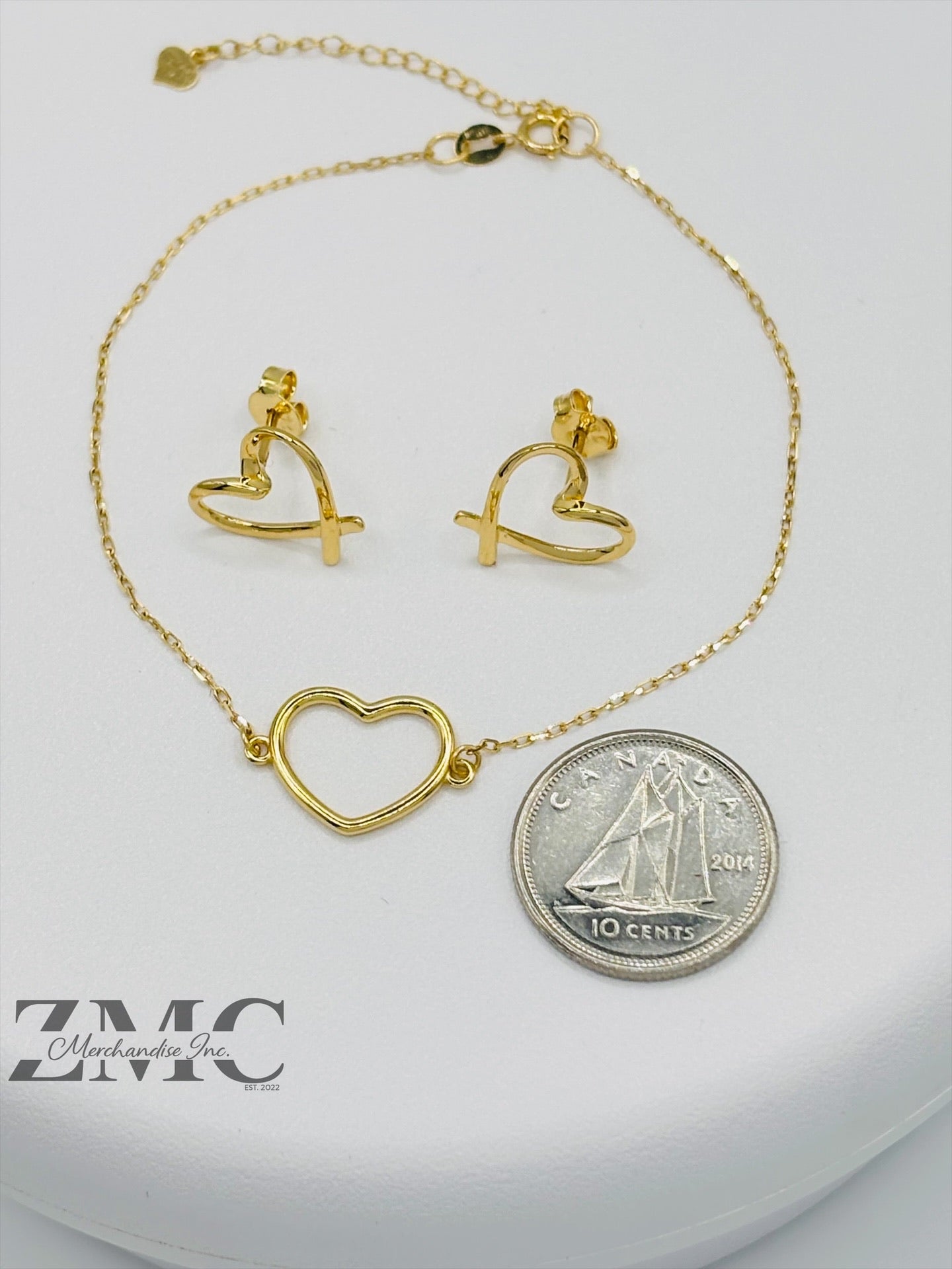 18K Gold Open Heart Earrings and Bracelet Set