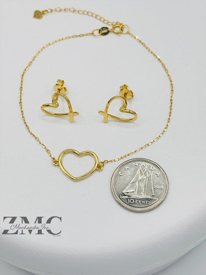 18K Gold Open Heart Earrings and Bracelet Set
