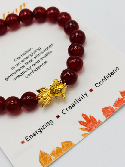 18K Gold Lucky Koi Fish Bracelet Carnelian Stone ( Hollow Empty Inside)