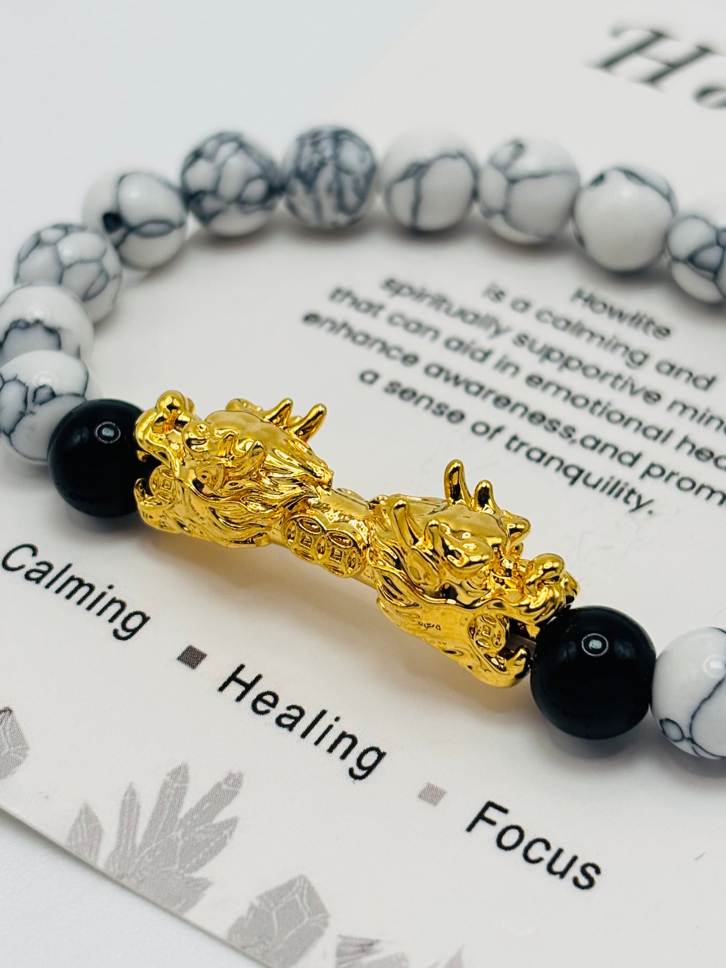 18K Gold Lucky Dragon Bracelet Howlite, Black Obsidian Stone ( Hollow Empty Inside) XXL