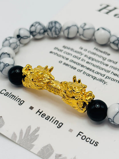 18K Gold Lucky Dragon Bracelet Howlite, Black Obsidian Stone ( Hollow Empty Inside) XXL