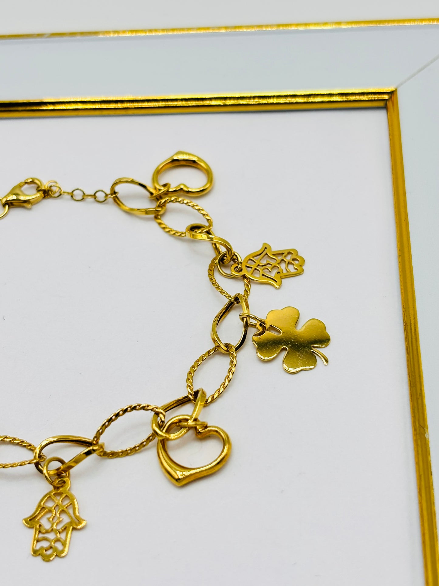 18K Gold with Hamsa, Clover and, Heart Charm Bracelet