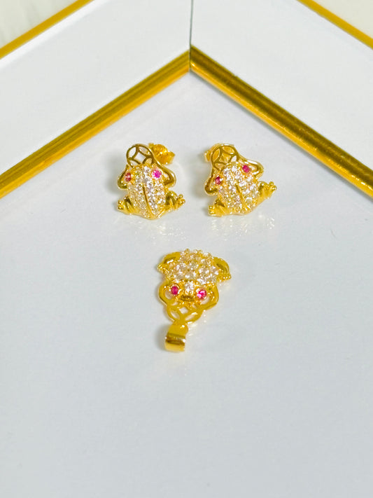 18K Gold Lucky Frog Earrings and Pendant Set