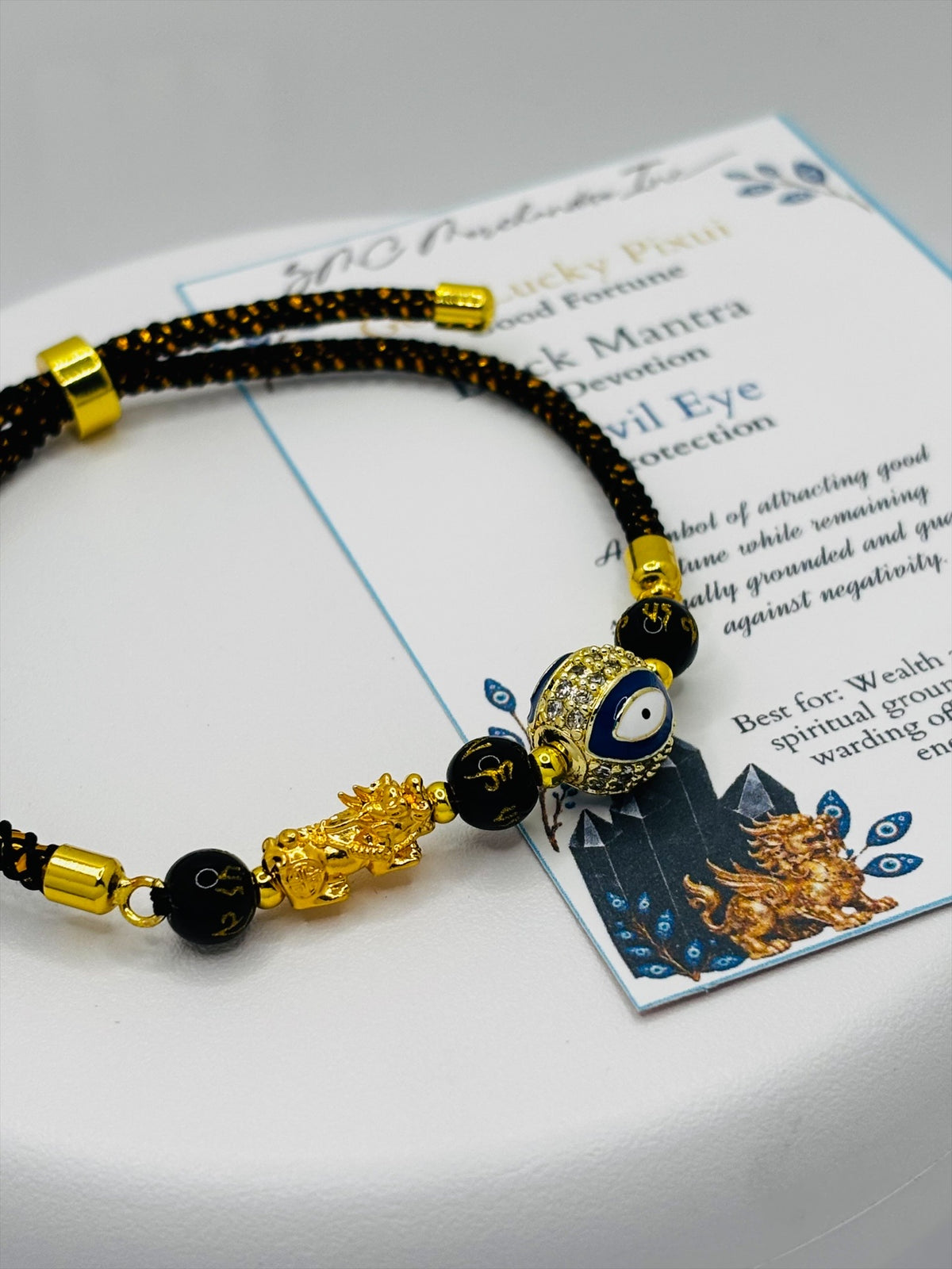 18K Gold Lucky Piyao/ Pi Xiu Evil Eye Black Mantra String Bracelet ( Hollow Empty Inside) Small