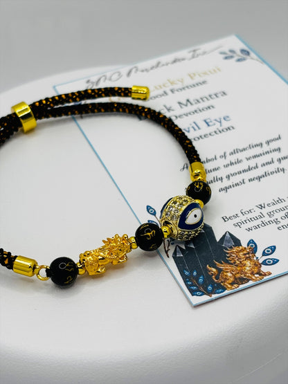 18K Gold Lucky Piyao/ Pi Xiu Evil Eye Black Mantra String Bracelet ( Hollow Empty Inside) Small