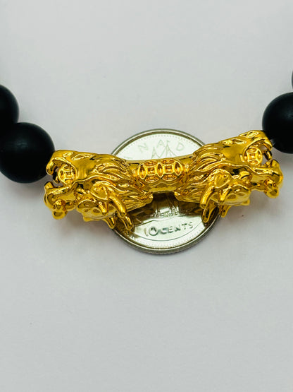 18K Gold  Lucky Dragon Bracelet Lava, Black Obsidian Stone  ( Hollow Empty Inside) XXL