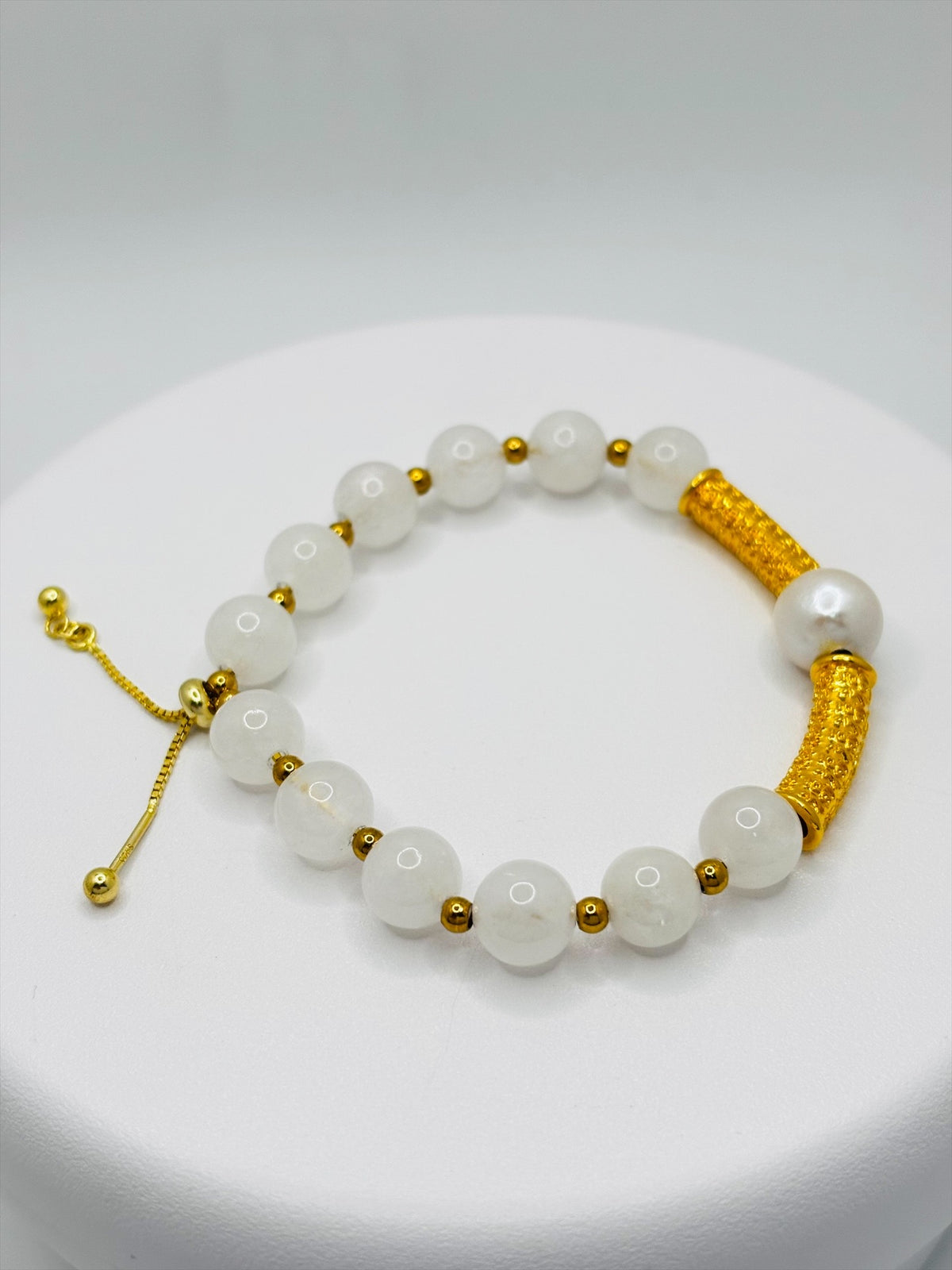 18K Gold Double Lucky Baifu Tube Pearl White Quartz Bracelet  ( Hollow Empty Inside)
