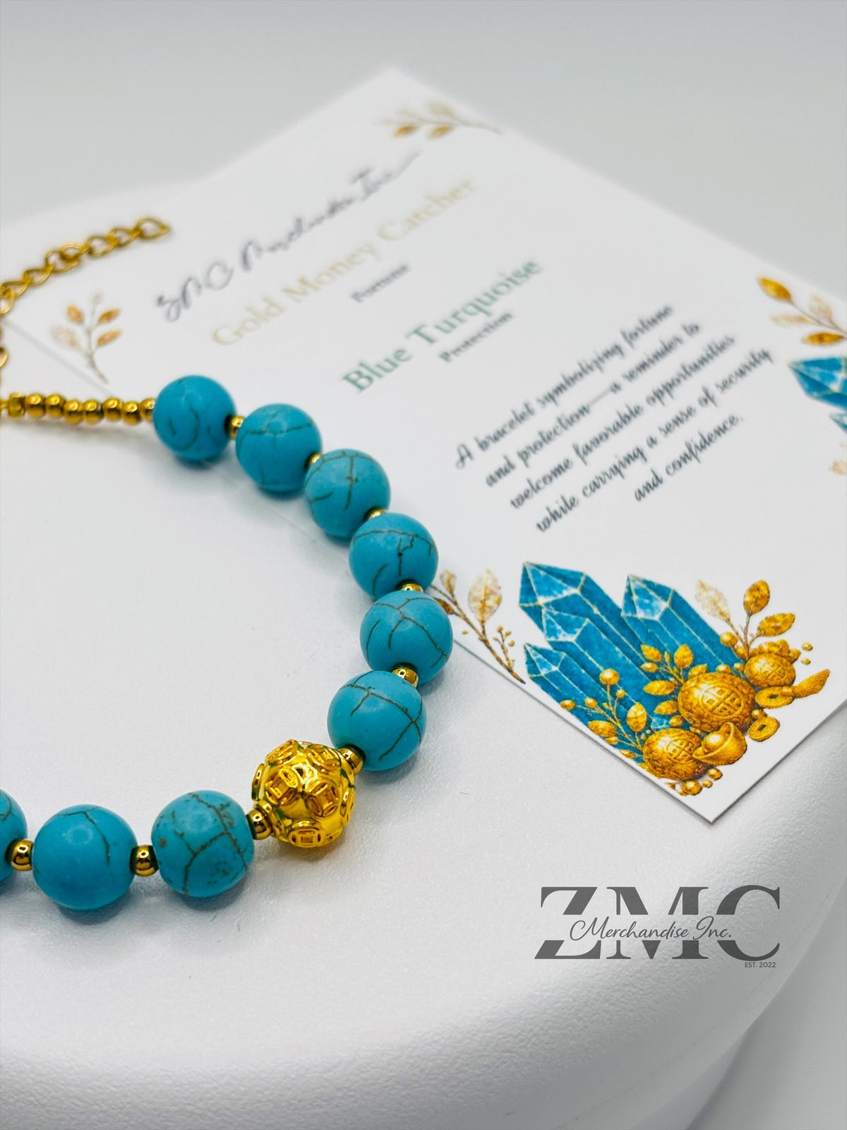 18K Gold  Lucky Money Catcher Ball Blue Turquoise Bracelet  ( Hollow Empty Inside)