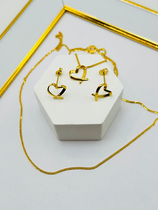 18K Gold Foxtail Chain Necklace with Heart Pendant and Earrings Set