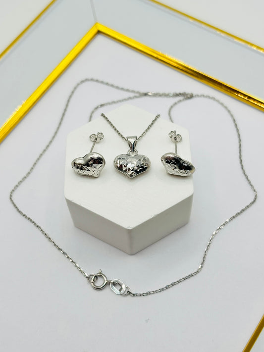 18K White Gold Necklace and Earrings Heart Set