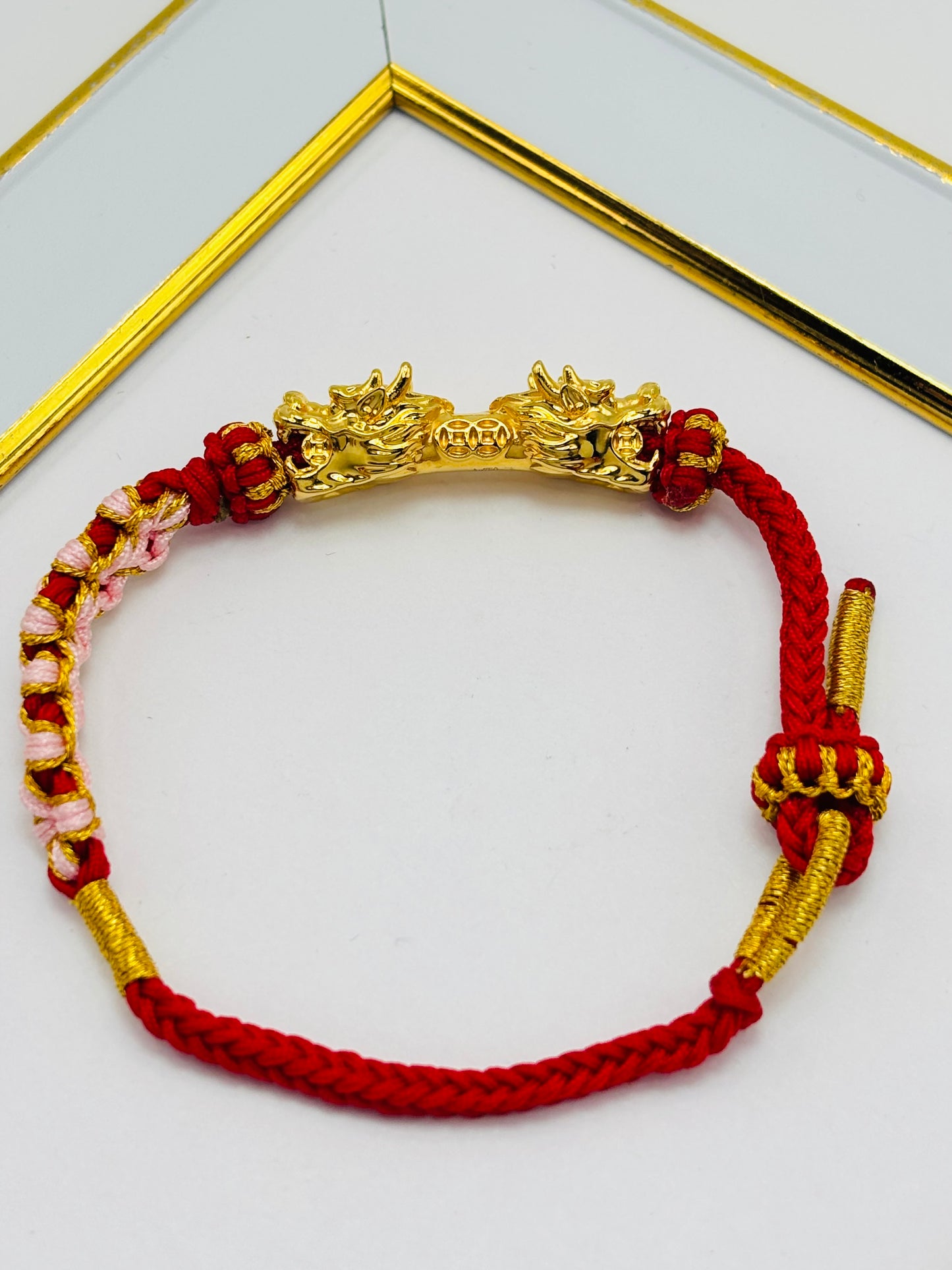 18K Gold Lucky Dragon Bracelet Red String( Hollow Empty Inside) XXL