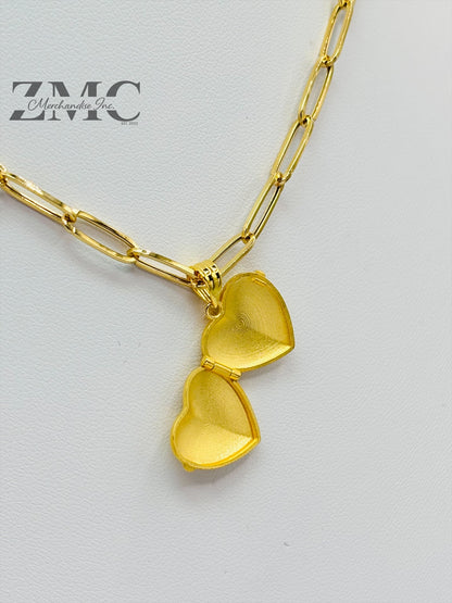 18K Gold Paperclip Heart Locket Necklace