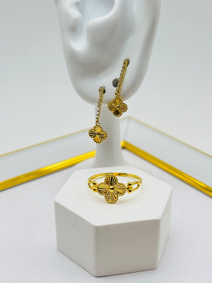 18K Gold Clover Dangling Earrings and Ring Set