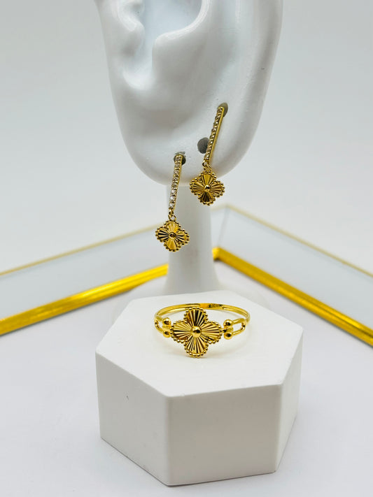 18K Gold Clover Dangling Earrings and Ring Set