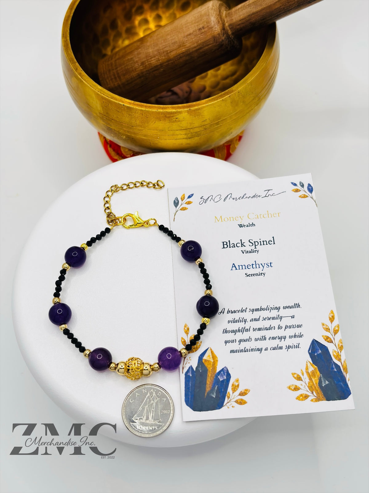 18K Gold  Lucky Money Catcher Ball Amethyst Black Spinel Stone  ( Hollow Empty Inside)
