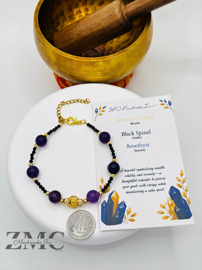 18K Gold  Lucky Money Catcher Ball Amethyst Black Spinel Stone  ( Hollow Empty Inside)