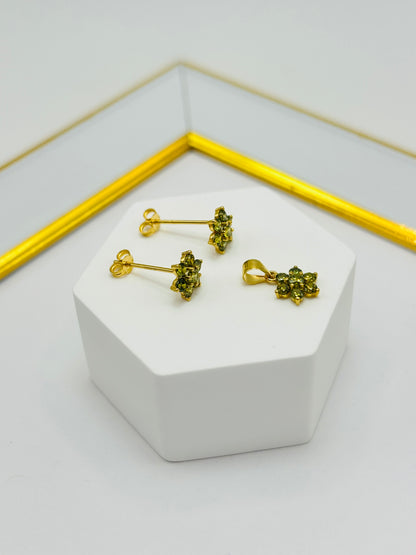 18K Gold Flower Stone Earrings and Pendant Set (Green)