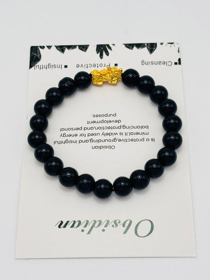 18K Gold Lucky Piyao/ Pi Xiu Black Obsidian Stone ( Hollow Empty Inside) Medium Size
