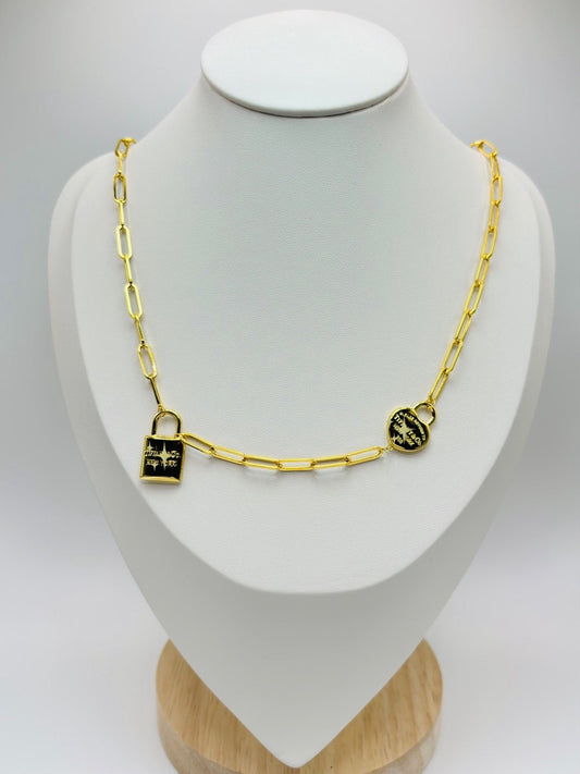 18K Gold Paperclip with Padlock and Heart Charm Necklace