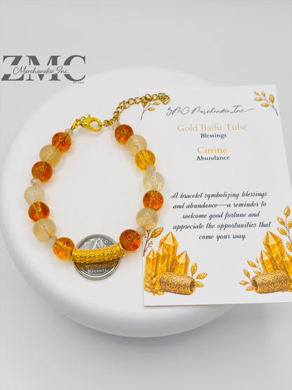 18K Gold  Lucky Baifu Tube Citrine Bracelet  ( Hollow Empty Inside)