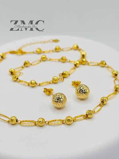 18K Gold Diamond Cut Ball Earrings and Necklace Set