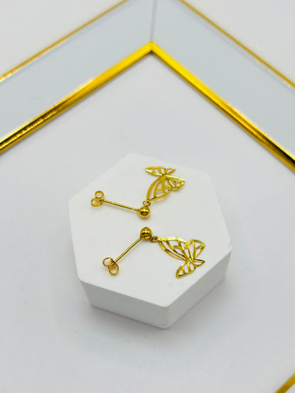 18K Gold Butterfly Stud Dangling Earrings