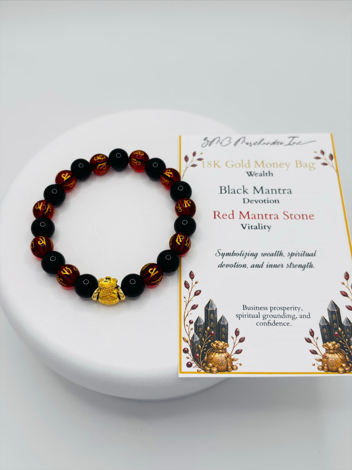 18K Gold  Lucky Money Bag Black/Red Mantra Bracelet  ( Hollow Empty Inside)