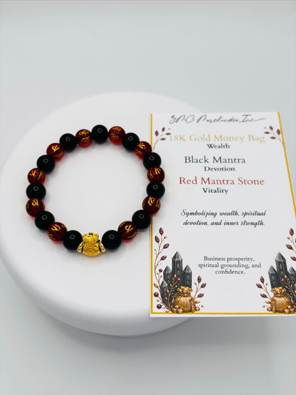 18K Gold  Lucky Money Bag Black/Red Mantra Bracelet  ( Hollow Empty Inside)
