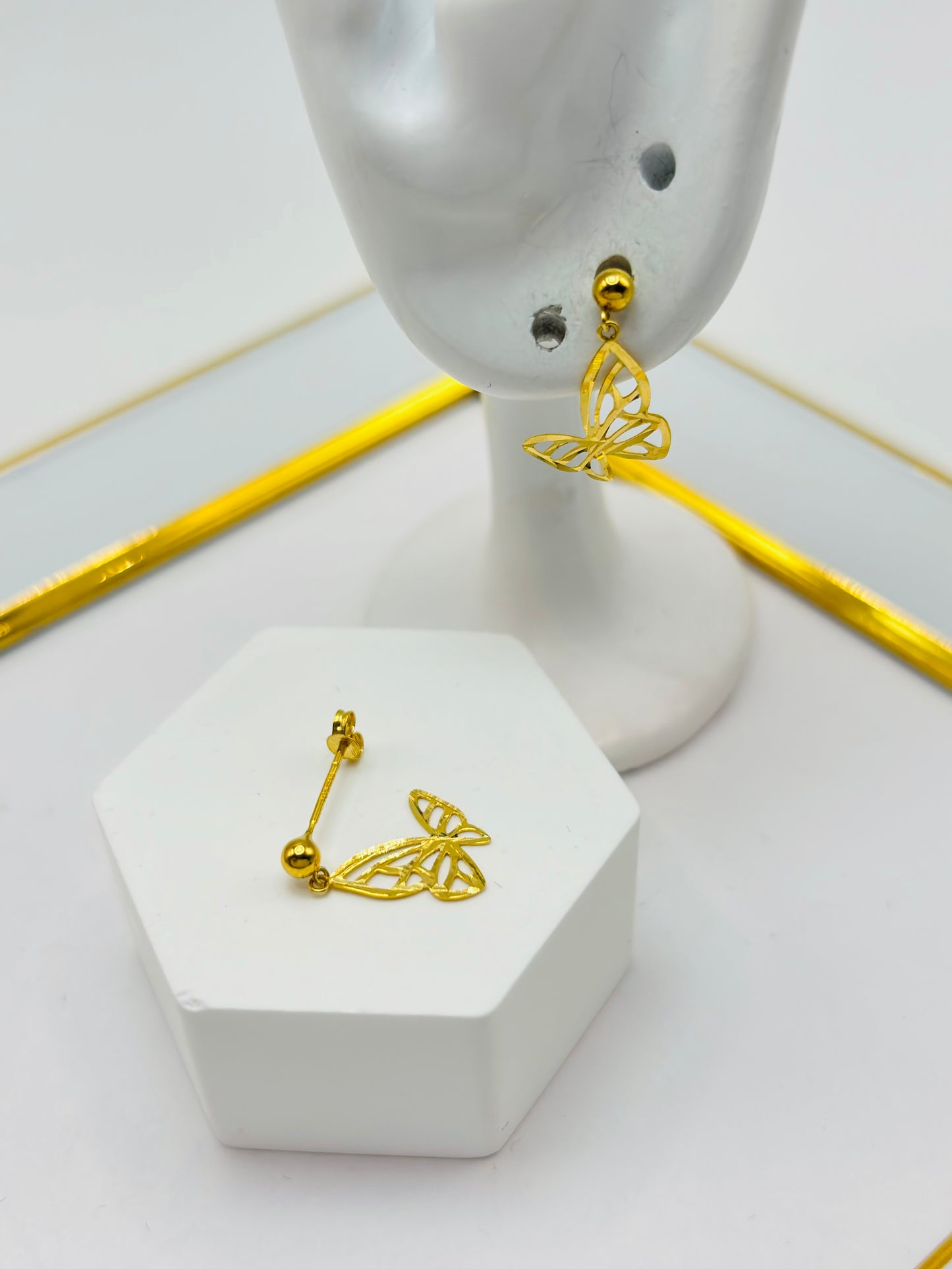 18K Gold Butterfly Stud Dangling Earrings