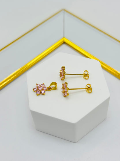 18K Gold Flower Stone Earrings and Pendant Set (Pink)
