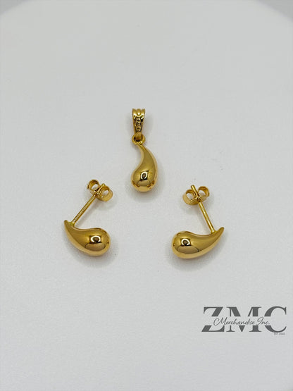 18K Gold Earrings and Pendant Teardrop Set