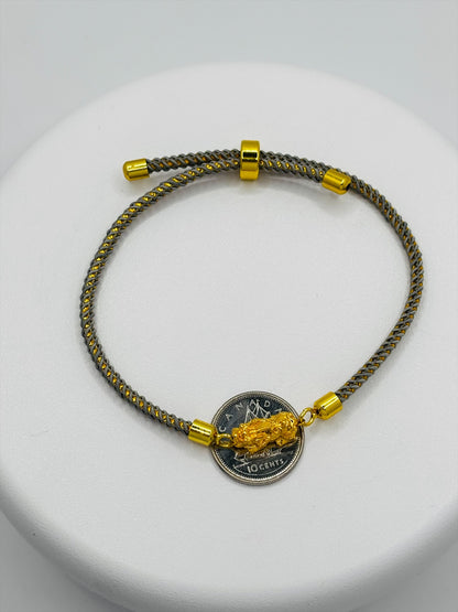 18K Gold Lucky Piyao/ Pi Xiu Gold/Gray String Bracelet ( Hollow Empty Inside) Small