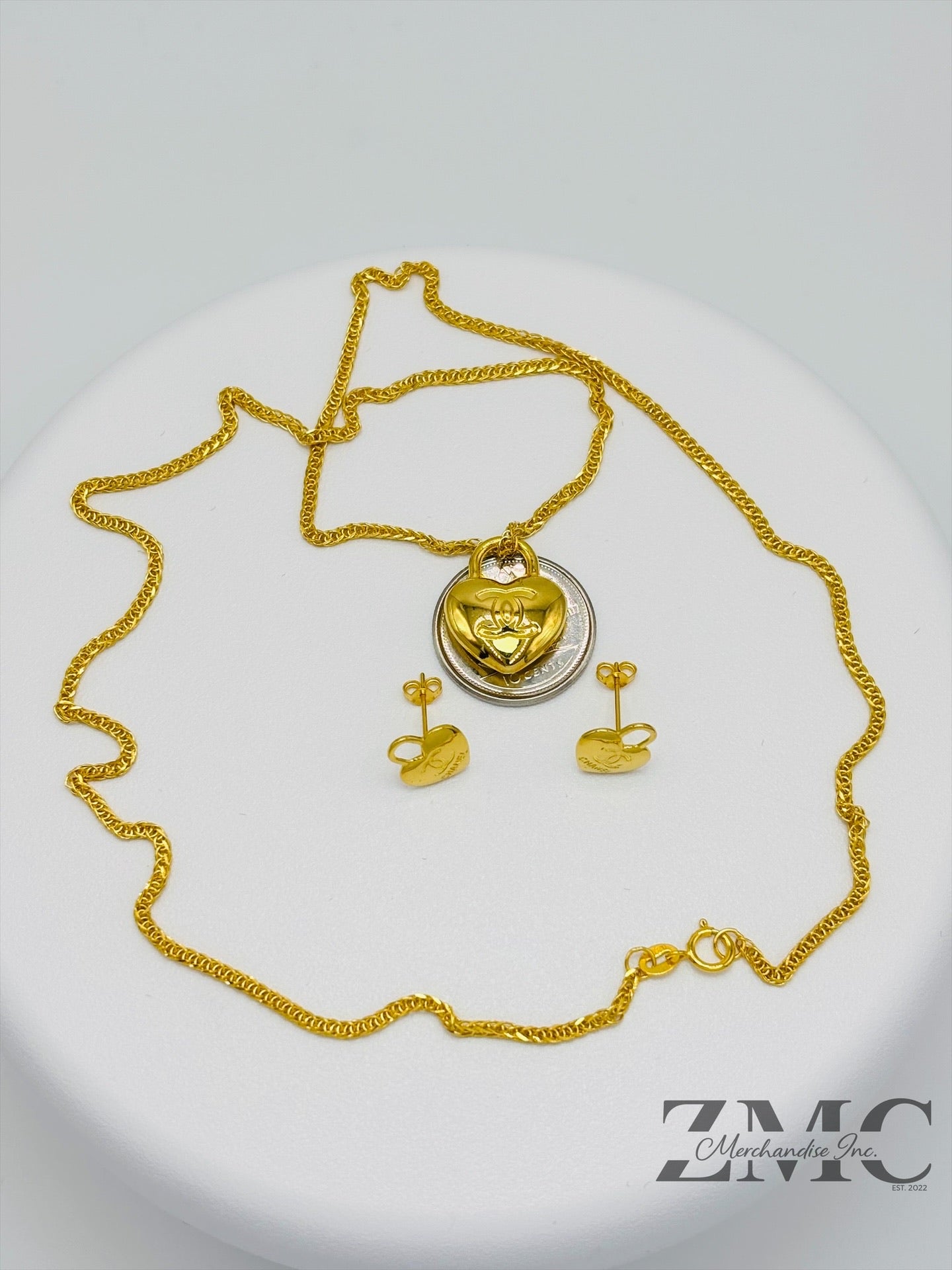 18K Gold C Heart Earrings and Necklace Set