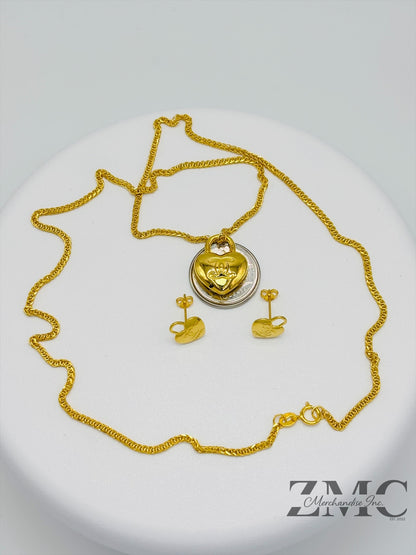18K Gold C Heart Earrings and Necklace Set