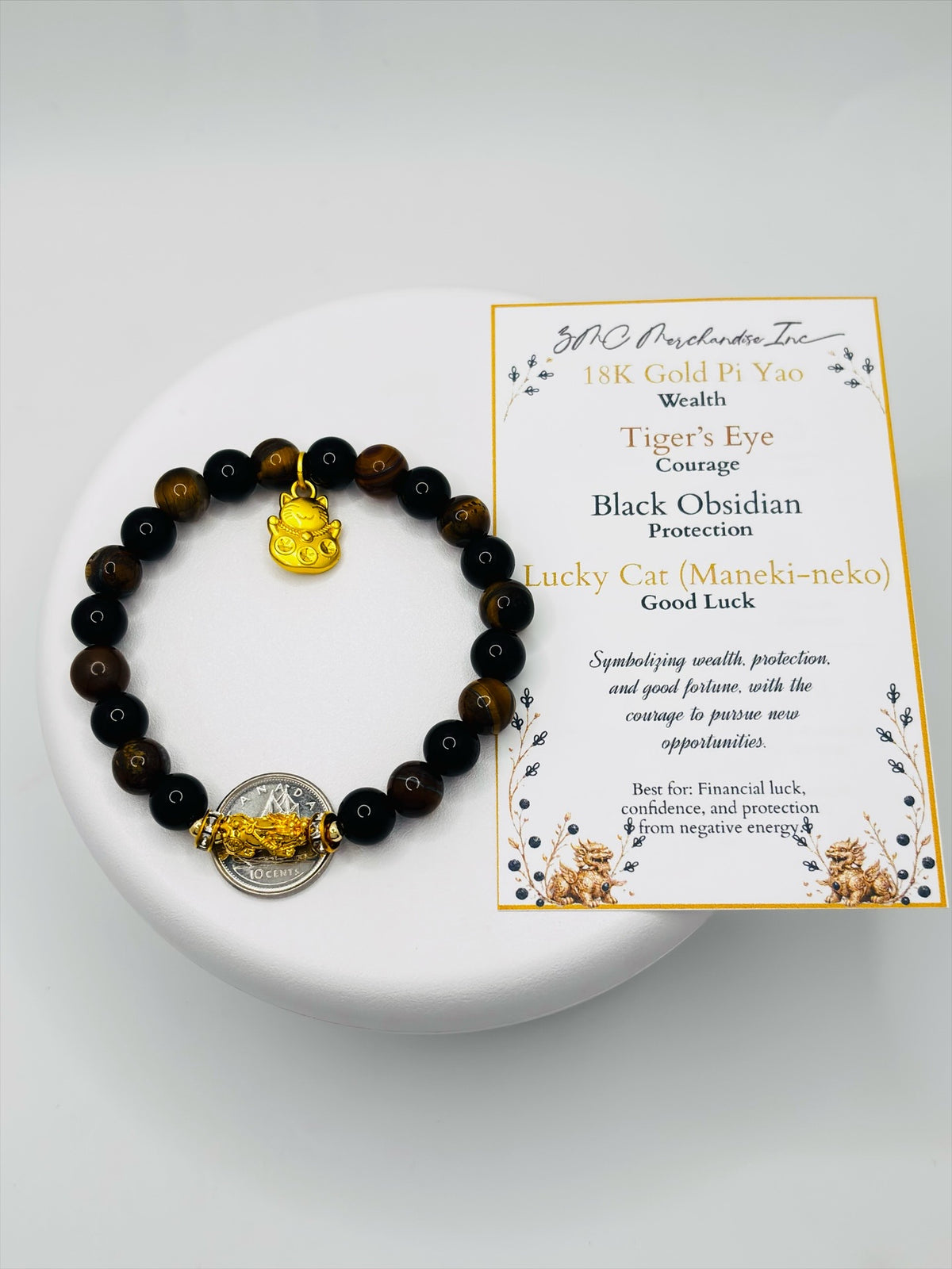 18K Gold Lucky Piyao/ Pi Xiu Obsidian, Tiger Eye Bracelet ( Hollow Empty Inside) SMALL PIYAO