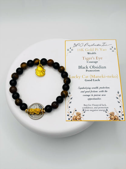 18K Gold Lucky Piyao/ Pi Xiu Obsidian, Tiger Eye Bracelet ( Hollow Empty Inside) SMALL PIYAO