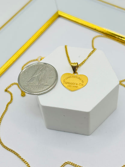 18K Gold Curb Chain with Heart Pendant Set
