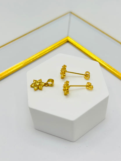 18K Gold Flower Stone Earrings and Pendant Set (Yellow)