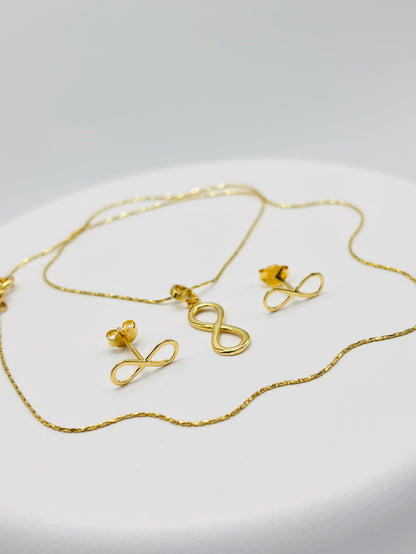18K Gold Infinity Earrings and Necklace Set