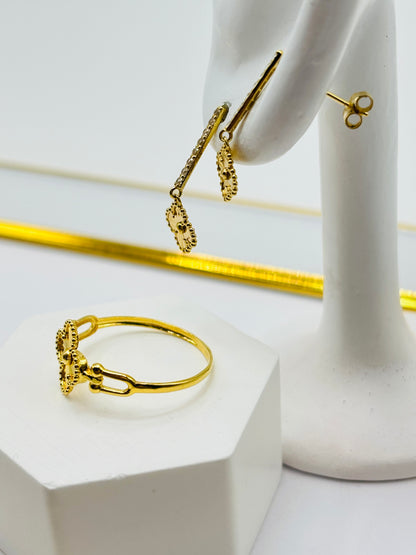 18K Gold Clover Dangling Earrings and Ring Set