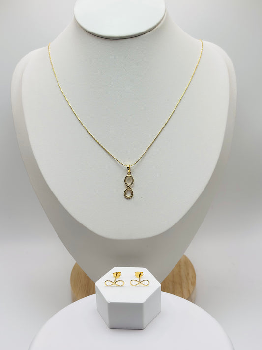 18K Gold Infinity Earrings and Necklace Set