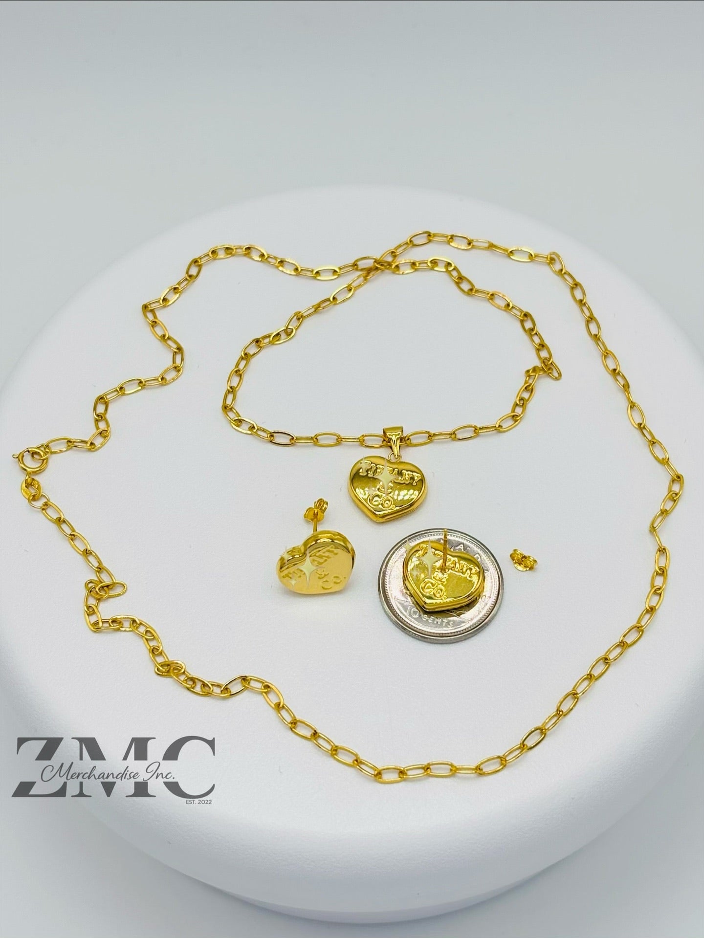 18K Gold Heart Earrings and Paperclip Necklace Set