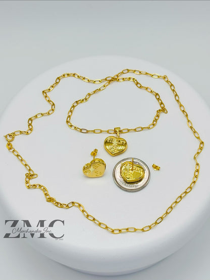 18K Gold Heart Earrings and Paperclip Necklace Set