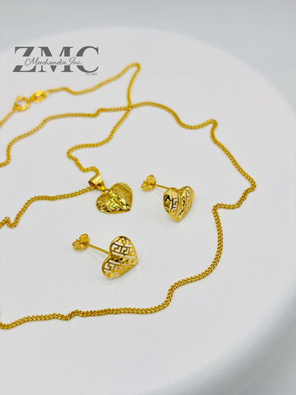 18K Gold Heart Earrings and Necklace Set