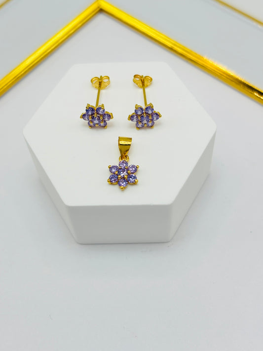 18K Gold Flower Stone Earrings and Pendant Set (Purple)
