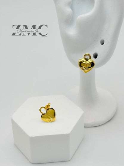 18K Gold C Heart Earrings and Necklace Set