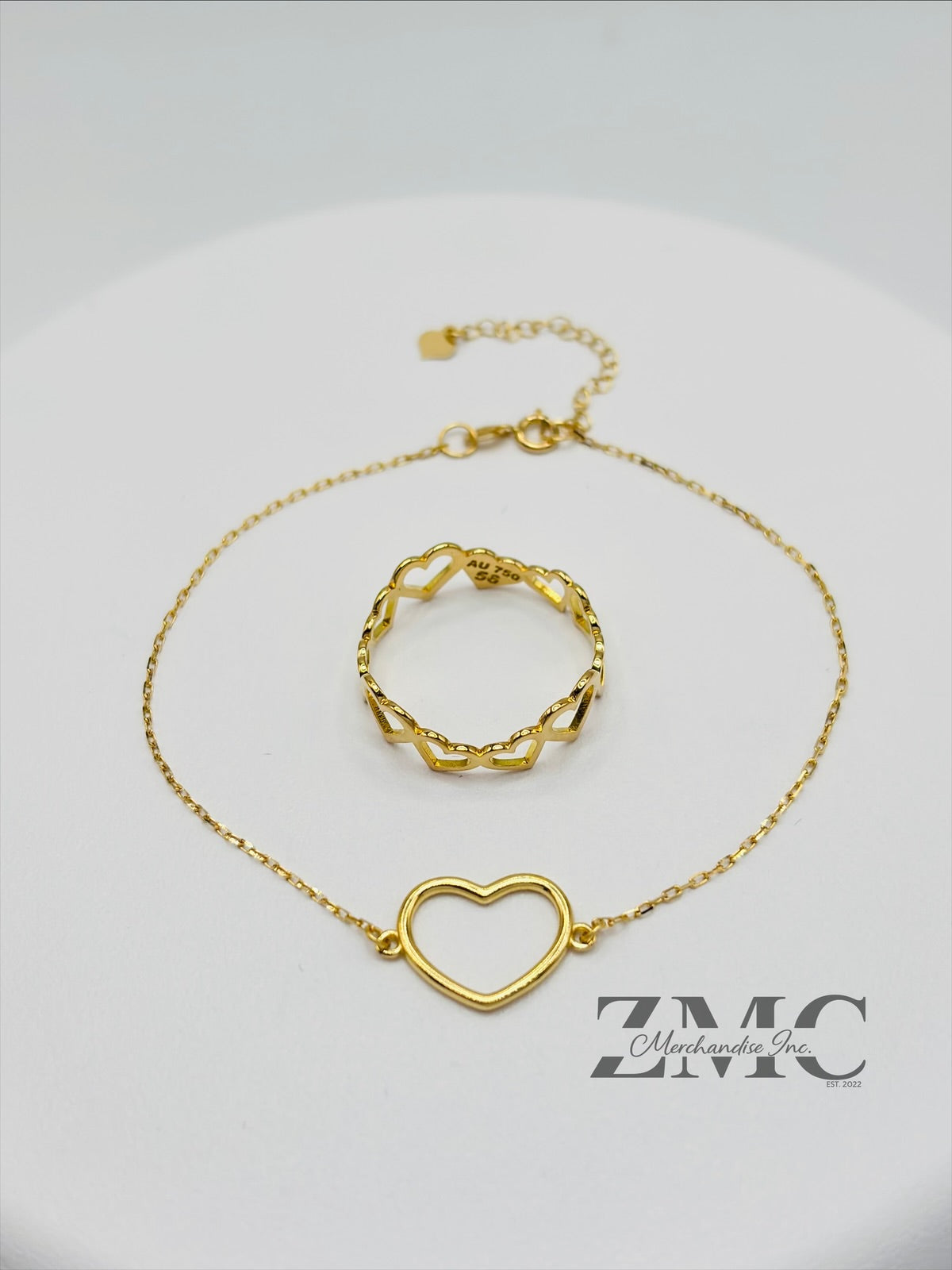 18K Gold Open Heart Ring and Bracelet Set