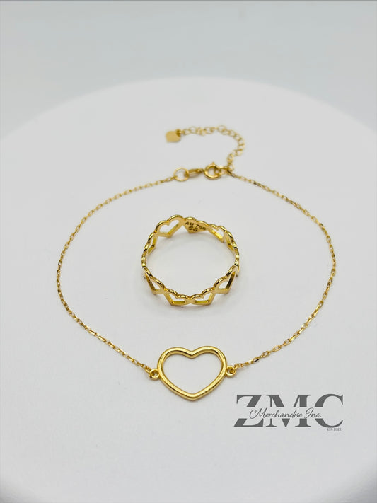 18K Gold Open Heart Ring and Bracelet Set