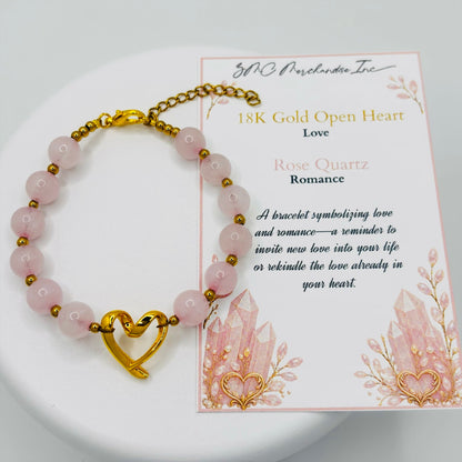 18K Gold Open Heart Rose Quartz Bracelet (Electroform Heart)